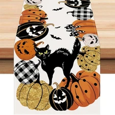 Halloween Pumpkin Table Runner 13x72 Inch Black Cat Bat Seasonal Fall Kitchen...