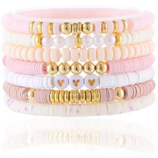 Friendship Bracelets Trendy Heishi Clay Bead Bracelets Stack Gold Light Pink