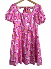 Pink Floral Puff Slv Tie-Back Square Neck Pink Babydoll Dress Casual Women Sz L