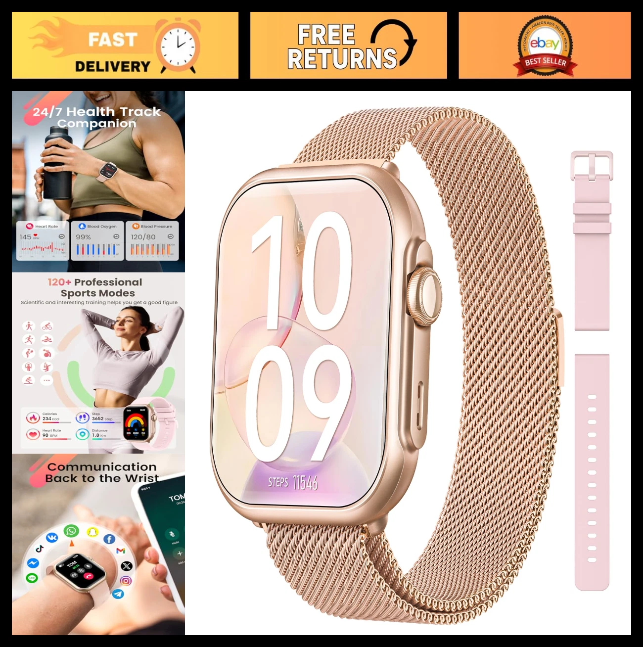 Fitness Smart Watch for Men & Women, Bluetooth Call, SpO2, Heart Rate Monitor, 1