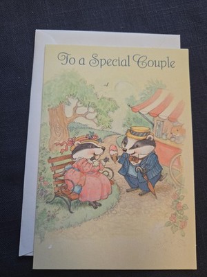 vintage unused card happy anniversary Ambassador badgers eating ice cream