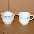 Vintage Pyrex Corning Blue Snowflake Garland Creamer And Sugar Bowl with Lid.