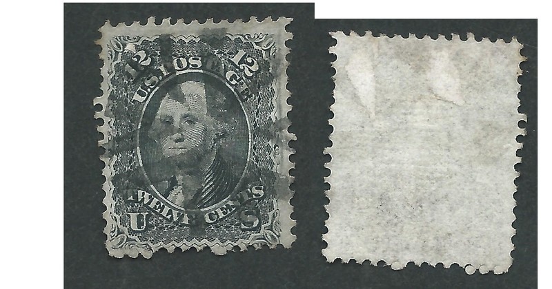 Scott 97, 12c Washington, F Grill, VF , NYFM CANCEL, hanging 'CHADS ' on bottom.