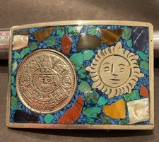 Vintage Mexico Multi Stone Inlay Sun Aztec Calendar Belt Buckle