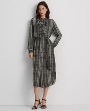 Lauren Ralph Lauren Plaid Georgette Shirtdress Ruffle Trim Belted Size 4
