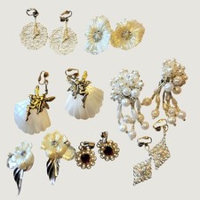 Vintage Clip On Earrings Lot of 7 pair Fairycore Faux Pearl Shell Floral Multi
