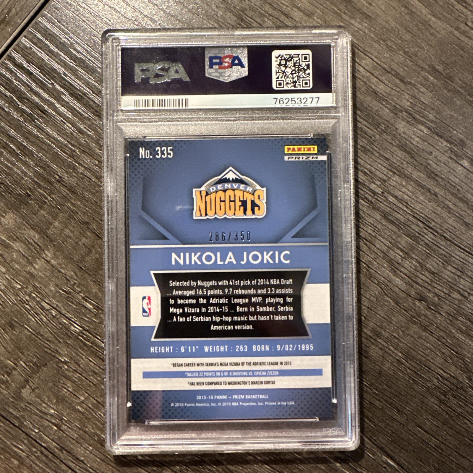 Nikola Jokic 2015-16 Panini Prizm #335 Ruby Wave Prizm Rookie RC 286/350 PSA 9 view 2