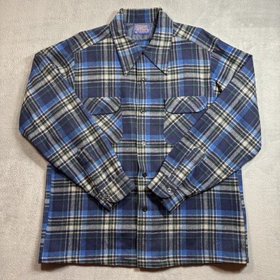 Vtg 60s Pendleton Board Shirt USA Loop Collar Flap Pockets Large Blue HOLES READ