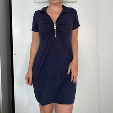 Michael Kors Navy Blue Collared Zip Front Ruched Sheath Dress Size L