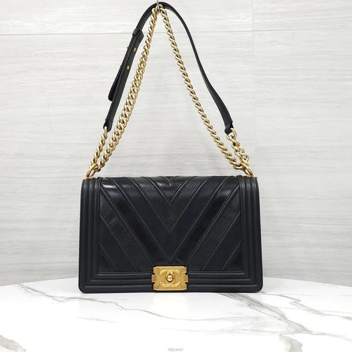 CHANEL Large Flap Bag Black Chevron Cow Gold Tone 17 Series A92193 161550003 [P]