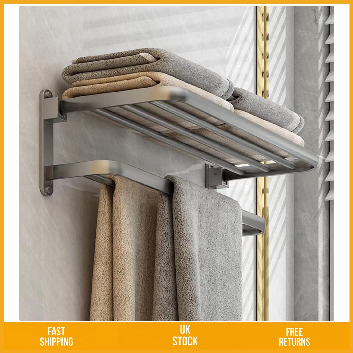 Sleek Wall Mounted Dual Bar Folding Bathroom Towel Rack Rail Grey 60cm 24in