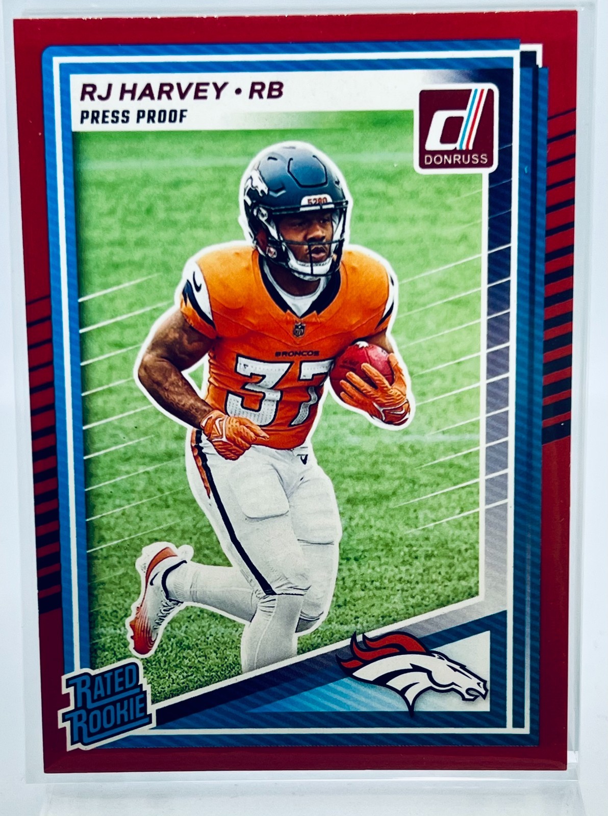 2025 Panini Donruss - Rated Rookie RJ Harvey #312 Red Press Proof Denver Broncos