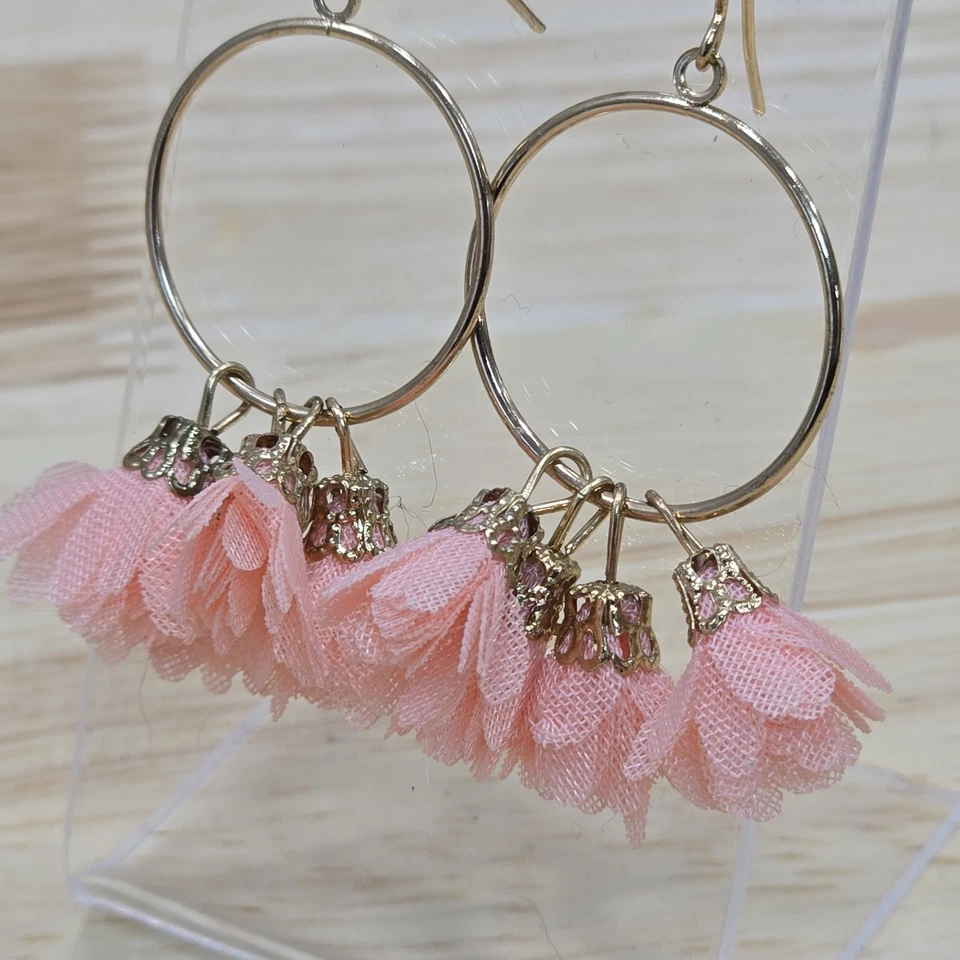 Pendientes colgantes aro tono dorado gota borlas flor melocotón gancho francés núcleo de niña  Foto 3 de 4