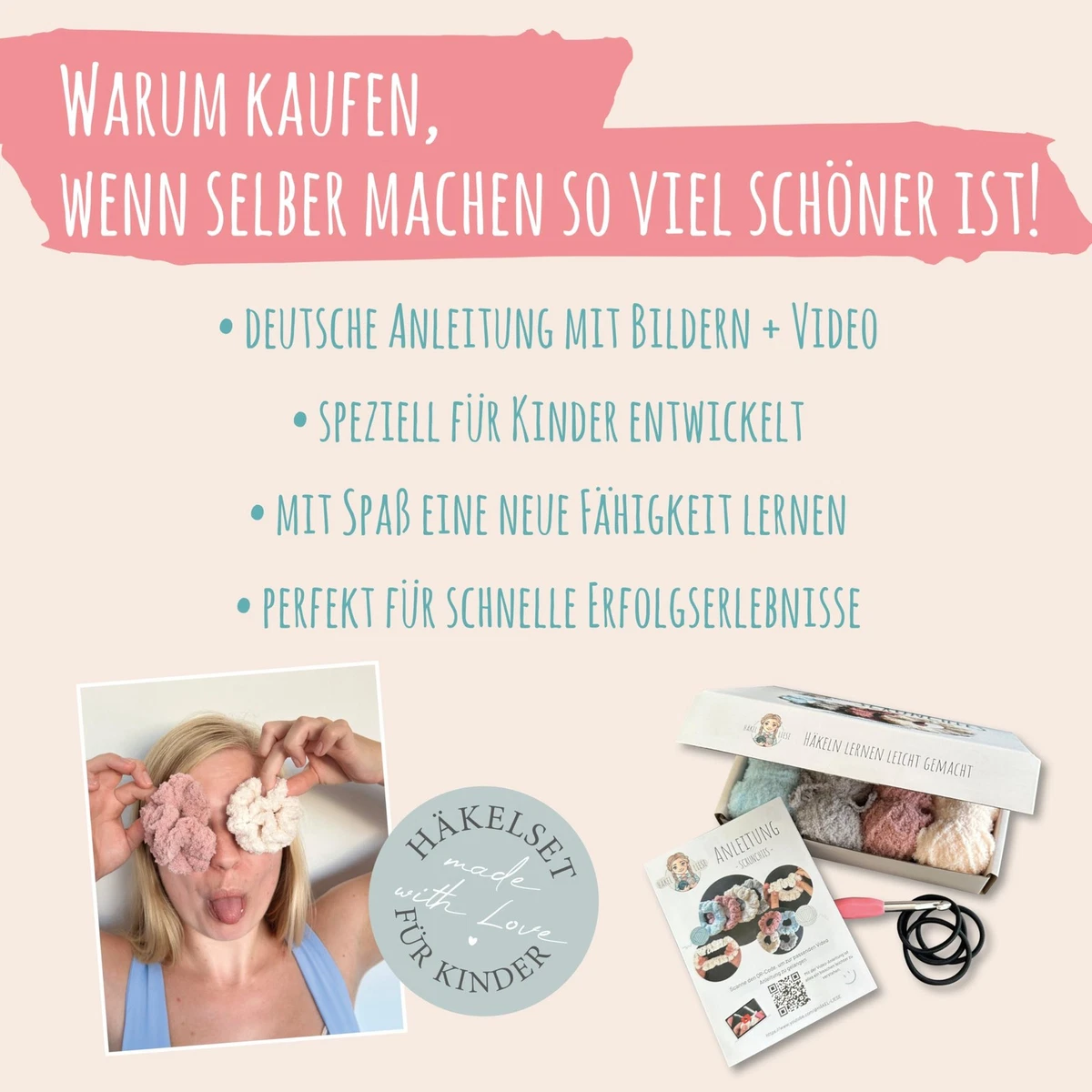 HÄKELset Kinder Scrunchies DIY HÄKELn Lernen Kreativ Geschenk Mädchen 8 Jahre