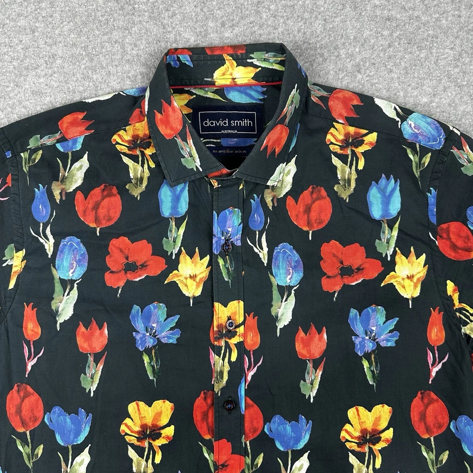 Camisa David Smith Hombres Manga Larga Talla XL Delgada Negra Estampado Floral Fiesta Hawaiana Foto 2 de 4
