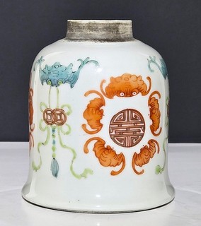 Antique Chinese Famille Rose Porcelain Ink Pot Jar w Bat & Shou Tongzhi Mark