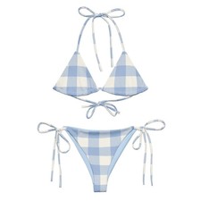 Blue Plaid Pattern Women's String Bikini