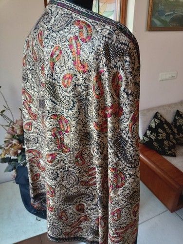 FANCY KASHMIRI BLACK CREWEL ALL Zari EMBROIDERED FLORAL SILK wool PASHMINA STOLE - Picture 4 of 8