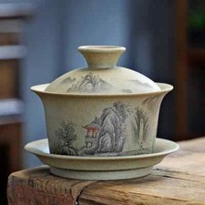 Pottery Sancai Gaiwan Purple Clay Teacups Handpainted Teaware Tea Bowls