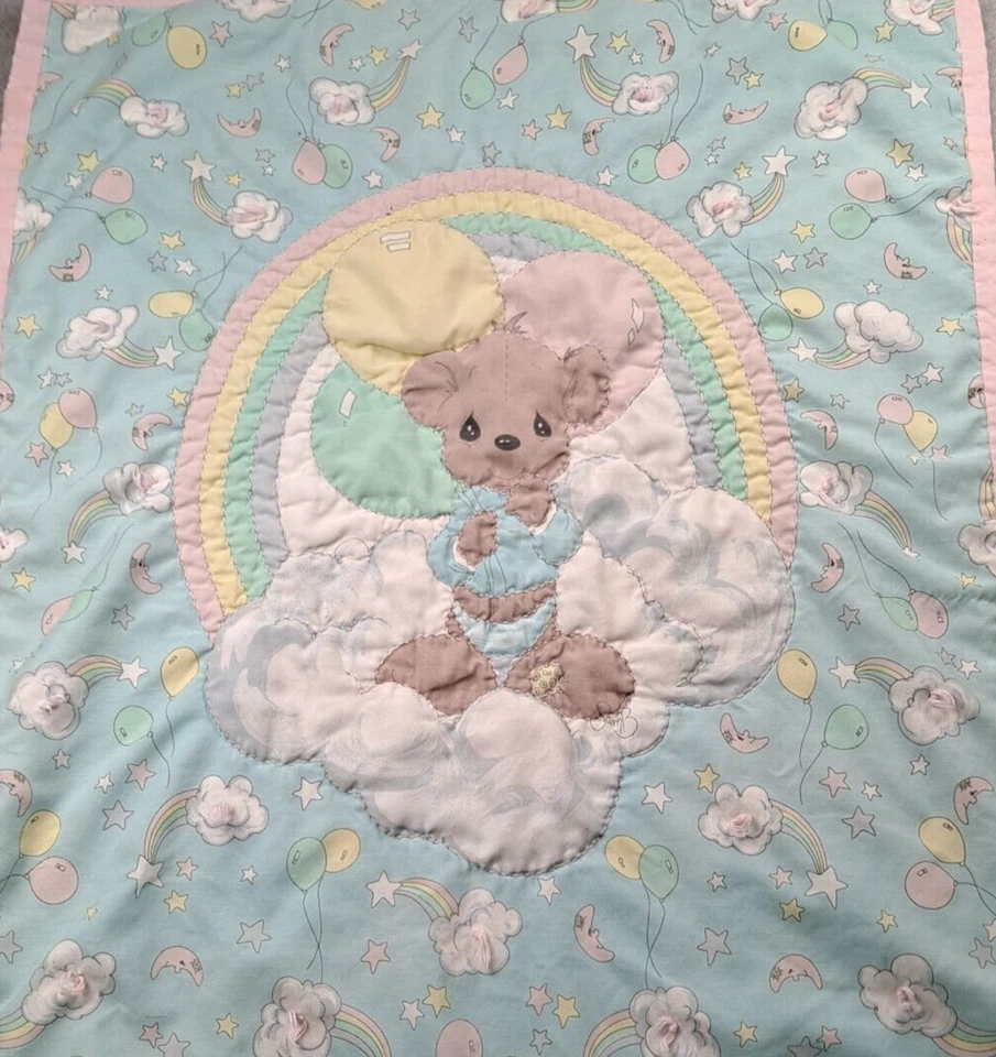 Vintage Crib Baby Blanket Rainbow Mouse Balloon Cloud Nursery Handstitched 80s - Image 3 of 4