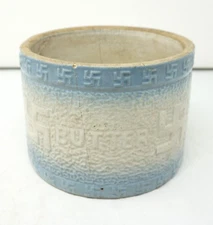 Antique Salt Glaze Stoneware Good Luck Swastika Butter Crock 1890's Blue Cream