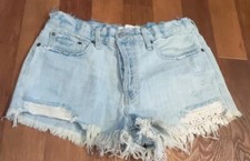 We The Free Jean Shorts 29 Light Wash Distressed Button Fly Boho Crochet Trim