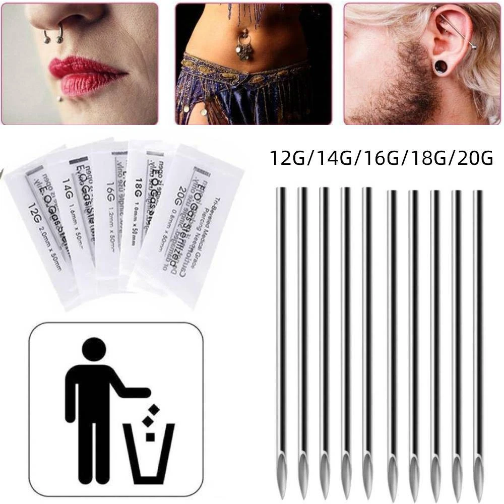 100pcs Disposable Sterile Body Piercing Needles 12g 14g 16g 18g