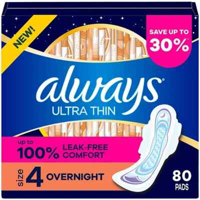 Always Ultra Thin Overnight Pads with Wings, Size 4, 80 ct. Leak Free Comfort