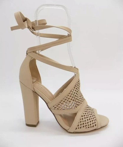 Call It Spring Womens Shoe Rounkles Peep Toe Tie Up Block Heel Sandals Bone 7 - Picture 2 of 9