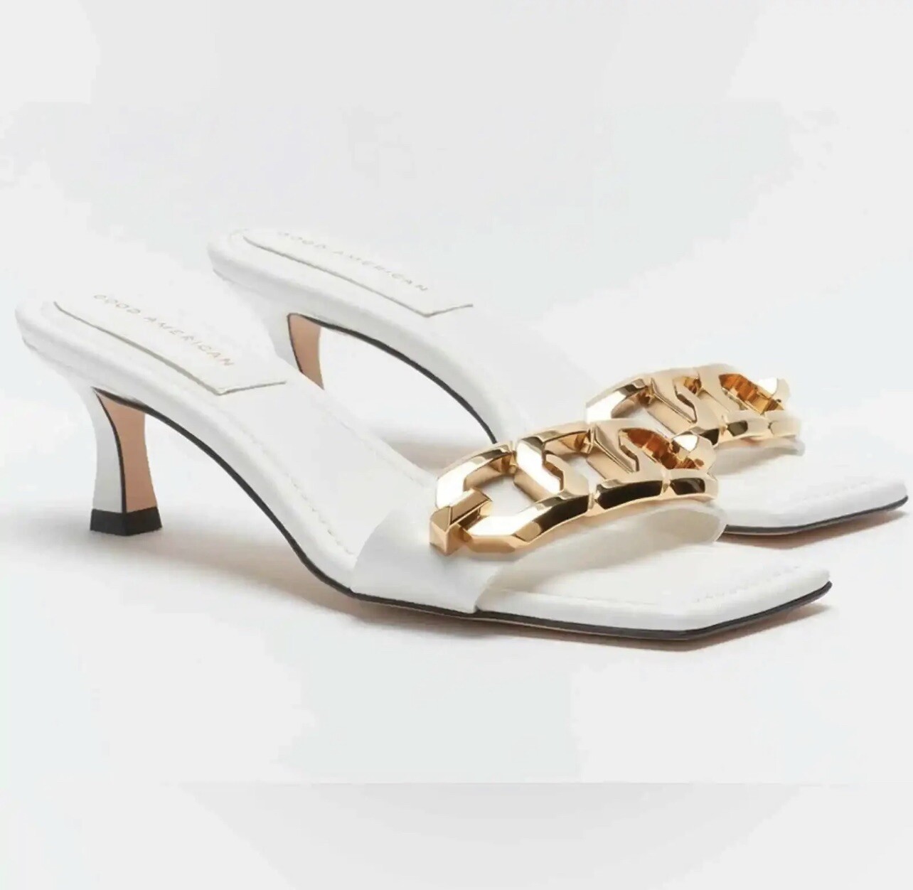 Good American Gold Chain Mules Kitten Heel Sandals Size 11 White