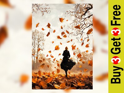 Skurrile Herbstszene 5''x7'' Druck auf mattem Papier | Frau geht in herbstlicher Kunst