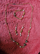 Handmade Metal and Pearl Bead Necklace Earring And Bracelet Matching Jewelry Set