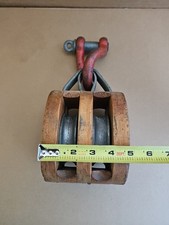 Vintage BTC Wood Double Block and Tackle - Large Industrial Pulley Made in USA