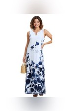 Women’s White Blue Floral Maxi Dress Sleeveless Keyhole Neck Beach Casual Flowy