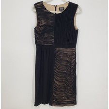 Adrianna Papell Ruched Mesh Sheath Cocktail Dress 12 Sleeveless Nude Black Tan