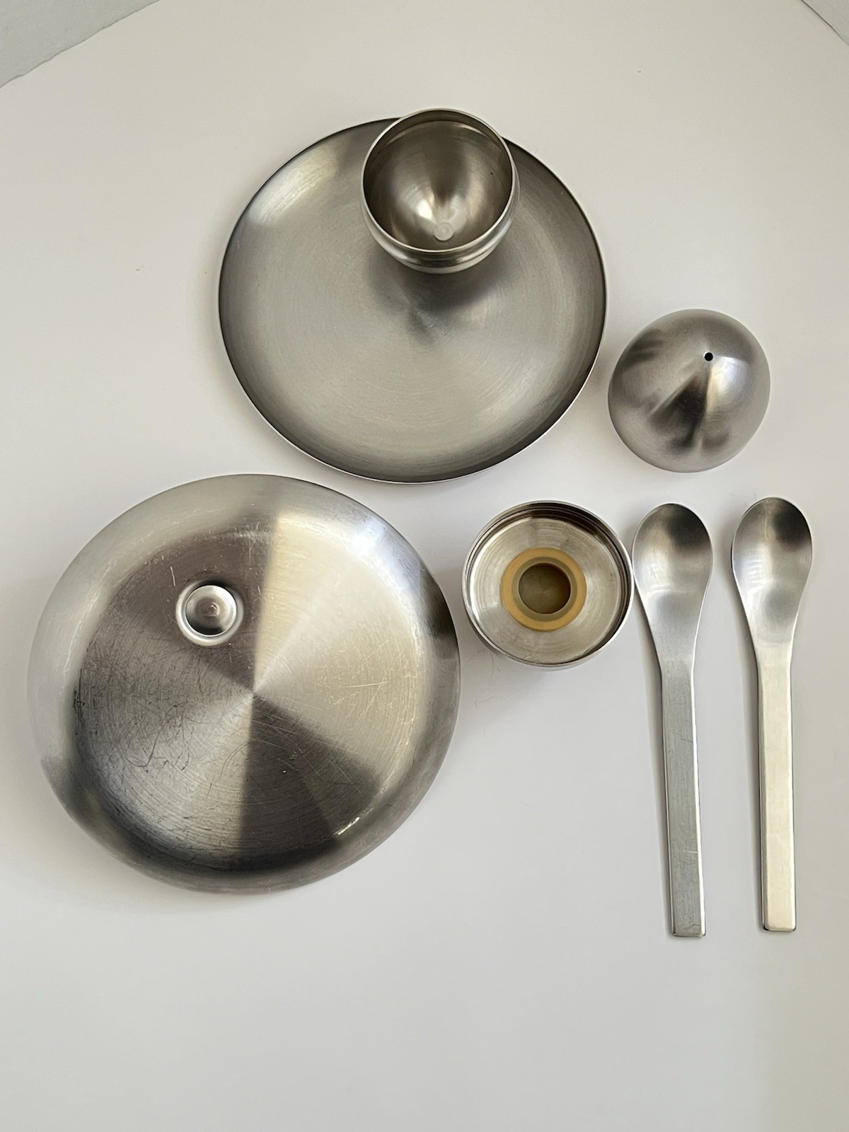 2 Modernist Mcm Stainless Steel Egg Cups W/ Built In Salt And Pepper And Spoons