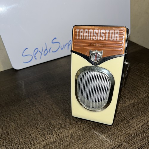 vintage transistor radio fm-am blk/cream/brown w/stand Tested+works AA batteries