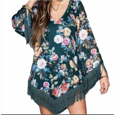 Show Me Your Mumu Womens Mini Shift Dress Rodeo Fringe Floral Green Size XS