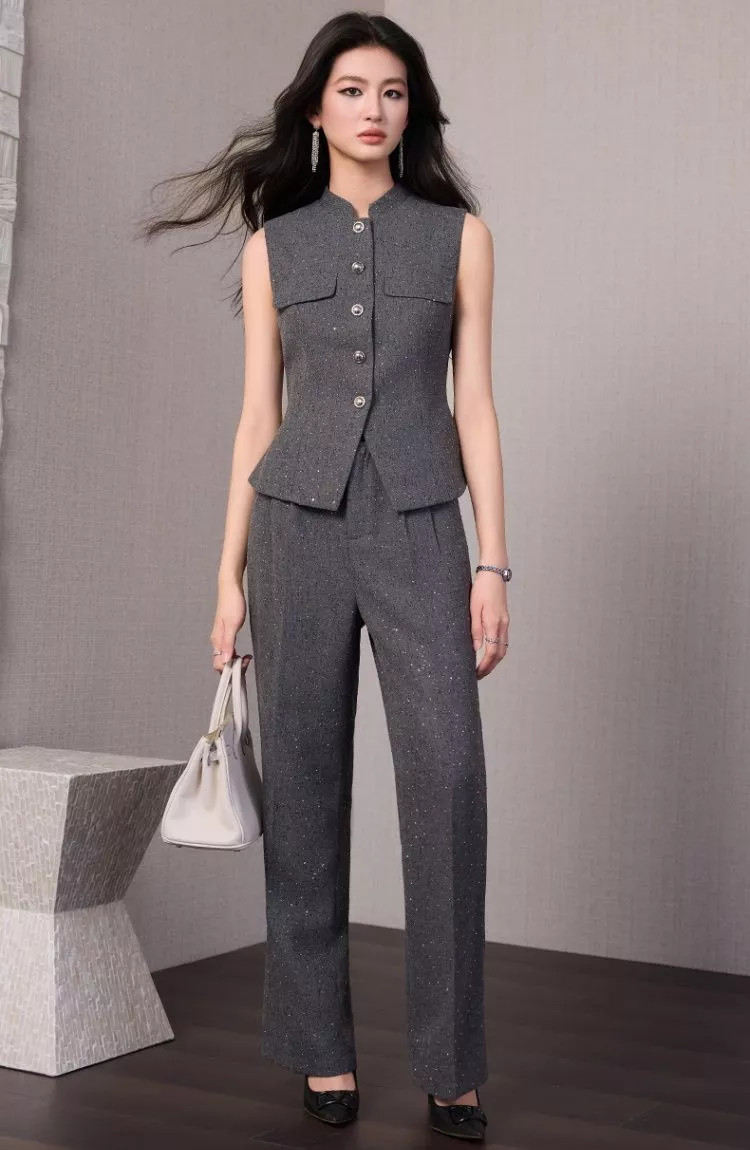 Completo Mujer Elegante Gris Chaleco Botones Y Pantalón Oficina CF66830
