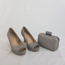 Ladies FLORE Dark Silver Wide Fit Heeled Shoes UK Size 3 & Matching Bag Boxed