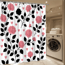 Pink Floral Shower Curtain with Black Leaves and Hearts Design