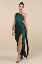 Lulus Women Signature Elegance Emerald Satin One-Shoulder Maxi Dress M