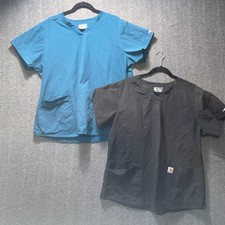 2 Carhartt Force Teal And Black Modern Fit Short Sleeve V Neck Scrub Top Size XL