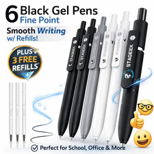 Black Gel Pens Fine Point 6 Pack Smooth Writing w/ Refills Office School