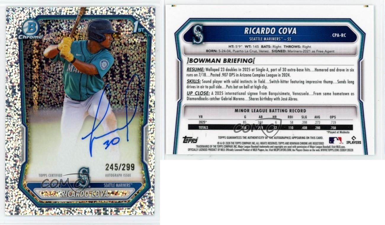 2026 Bowman Chrome Prospect Speckle Refractor 245/299 Ricardo Cova #CPA-RC Auto view 3
