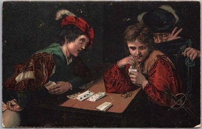 c1900s Fine Art Postcard ''The Sharpers'' Artist Michelangelo - Playing Cards