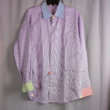 Bugatchi Uomo Men's Purple White Stripe Dress Shirt L/S Button Down Lion Logo