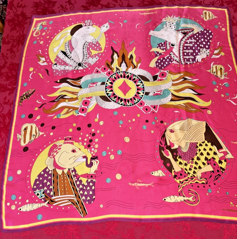 Cachecol de seda FLAMBOYANT laminado à mão 34"x34" famoso inspirado em designer MULTIUSO - Imagem 3 de 4