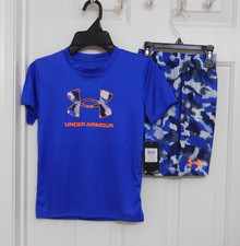 NWT 2pc Under Armour Blue Camo Orange Logo Shirt Shorts Set sz 6 or 7