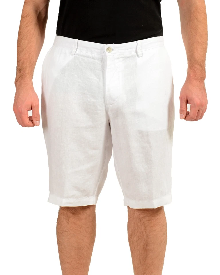Shorts Hugo Boss masculino "Rigan-Short" branco 100% linho frente plana EUA 30R IT 46